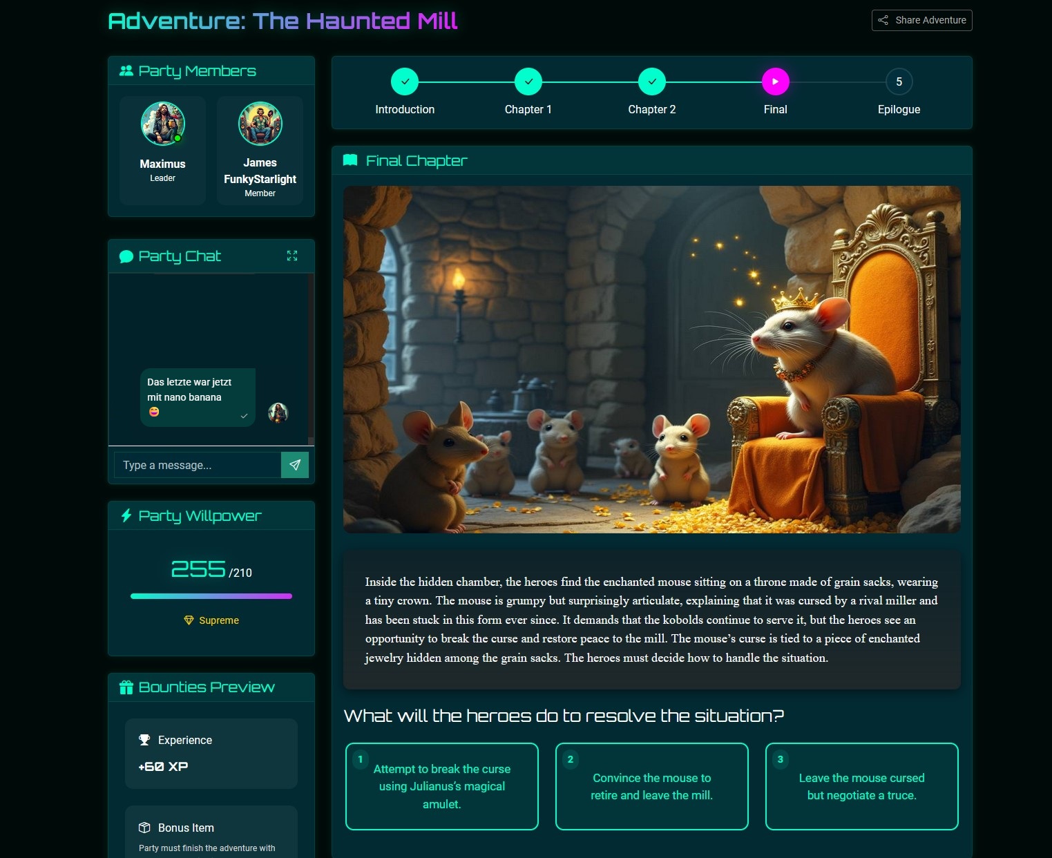 A real Pandorly adventure — party members, AI story, and choice cards